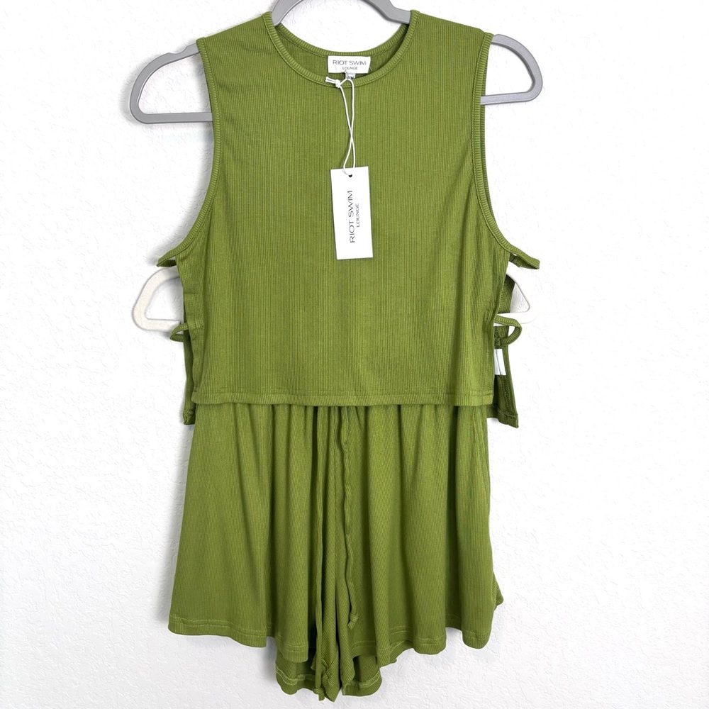 NWT Riot Swim Lounge Olive Green Ribbed Cut Out Top S/M Short XS Women’s Set
